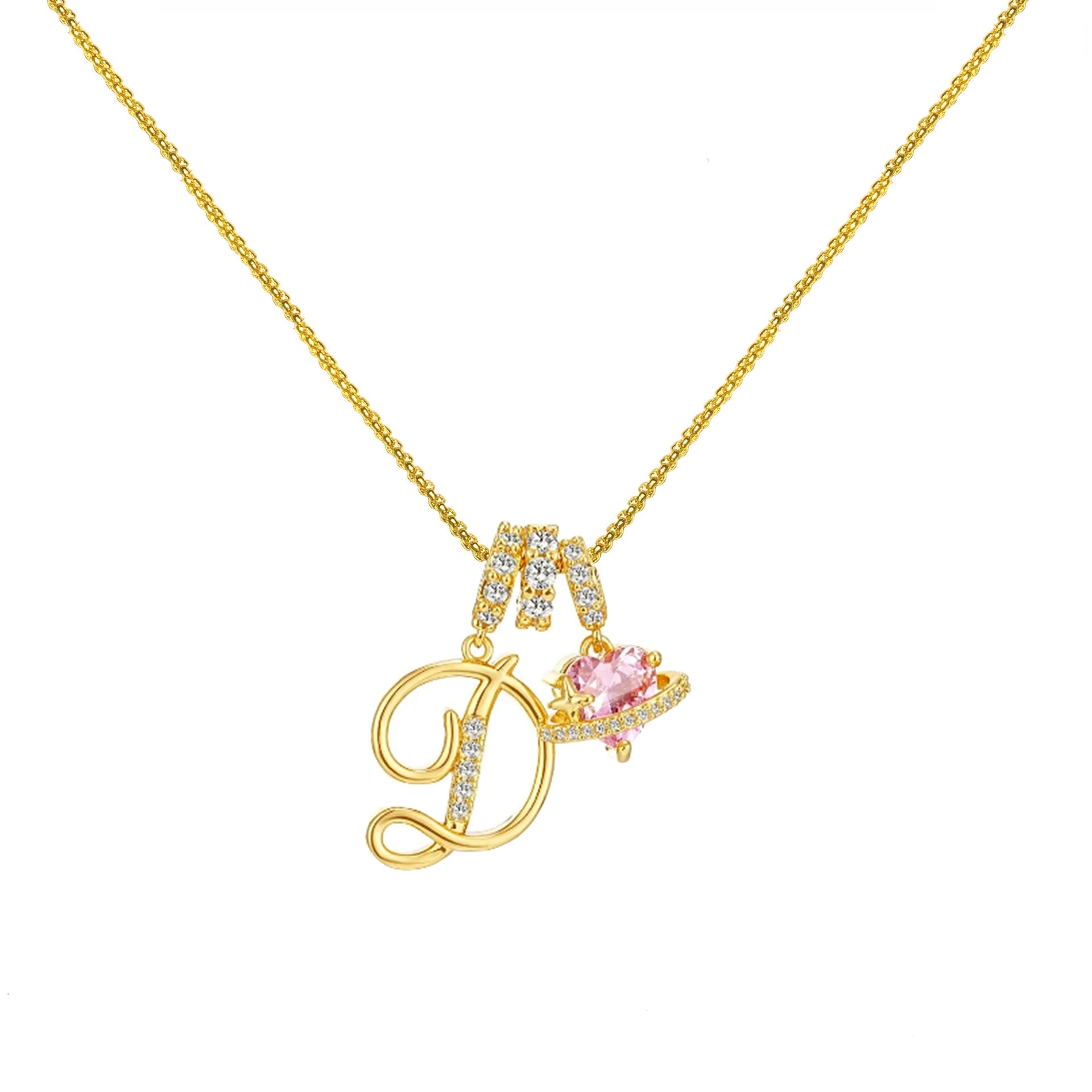 gold initial necklace pink heart pendant letter necklace dainty gold jewelry personalized gift everyday necklace sparkle charm 14k gold plated cute jewelry women necklace XL-074