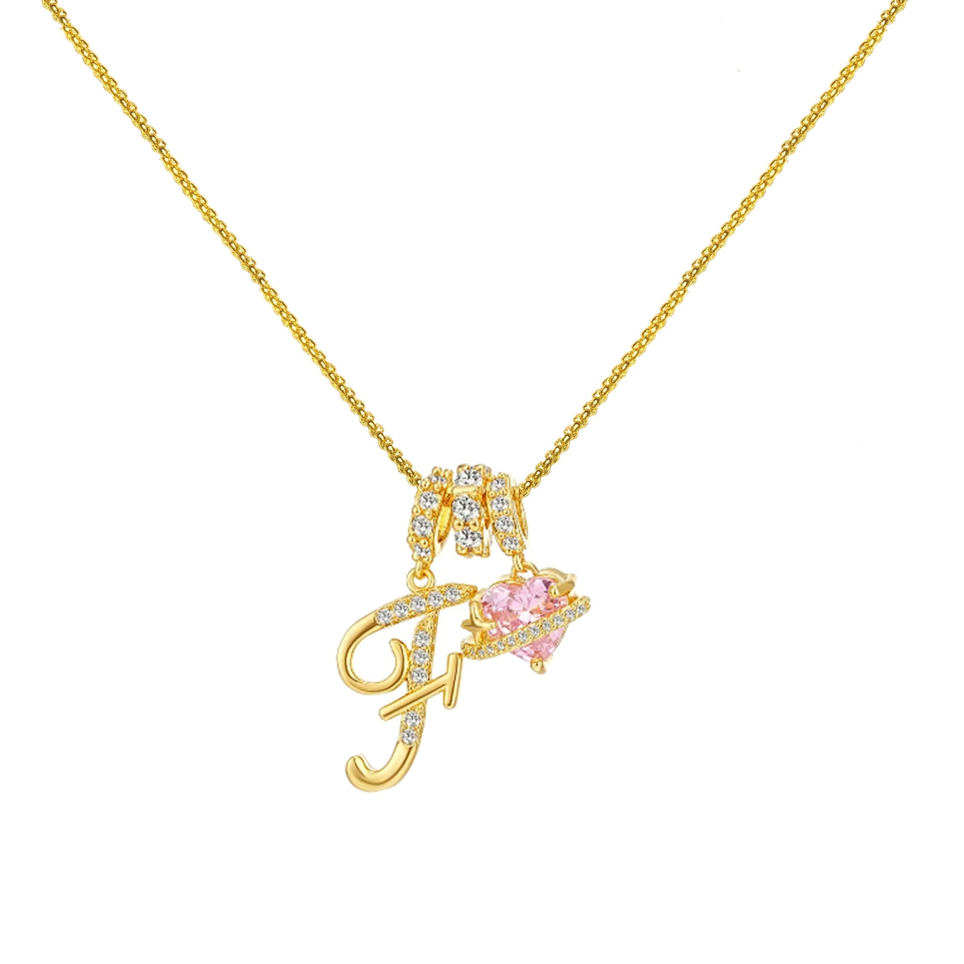 gold initial necklace pink heart pendant letter necklace dainty gold jewelry personalized gift everyday necklace sparkle charm 14k gold plated cute jewelry women necklace XL-074