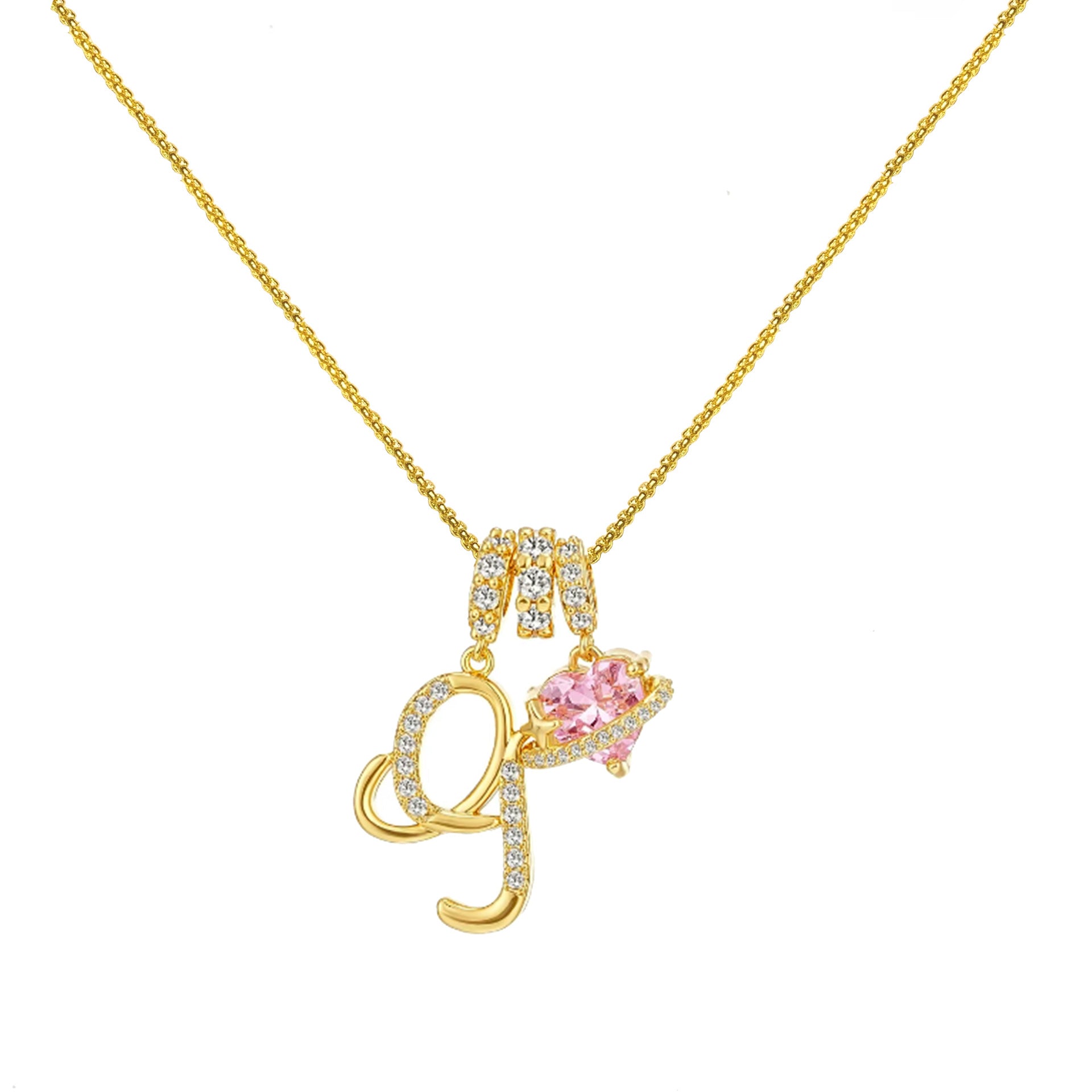 gold initial necklace pink heart pendant letter necklace dainty gold jewelry personalized gift everyday necklace sparkle charm 14k gold plated cute jewelry women necklace XL-074