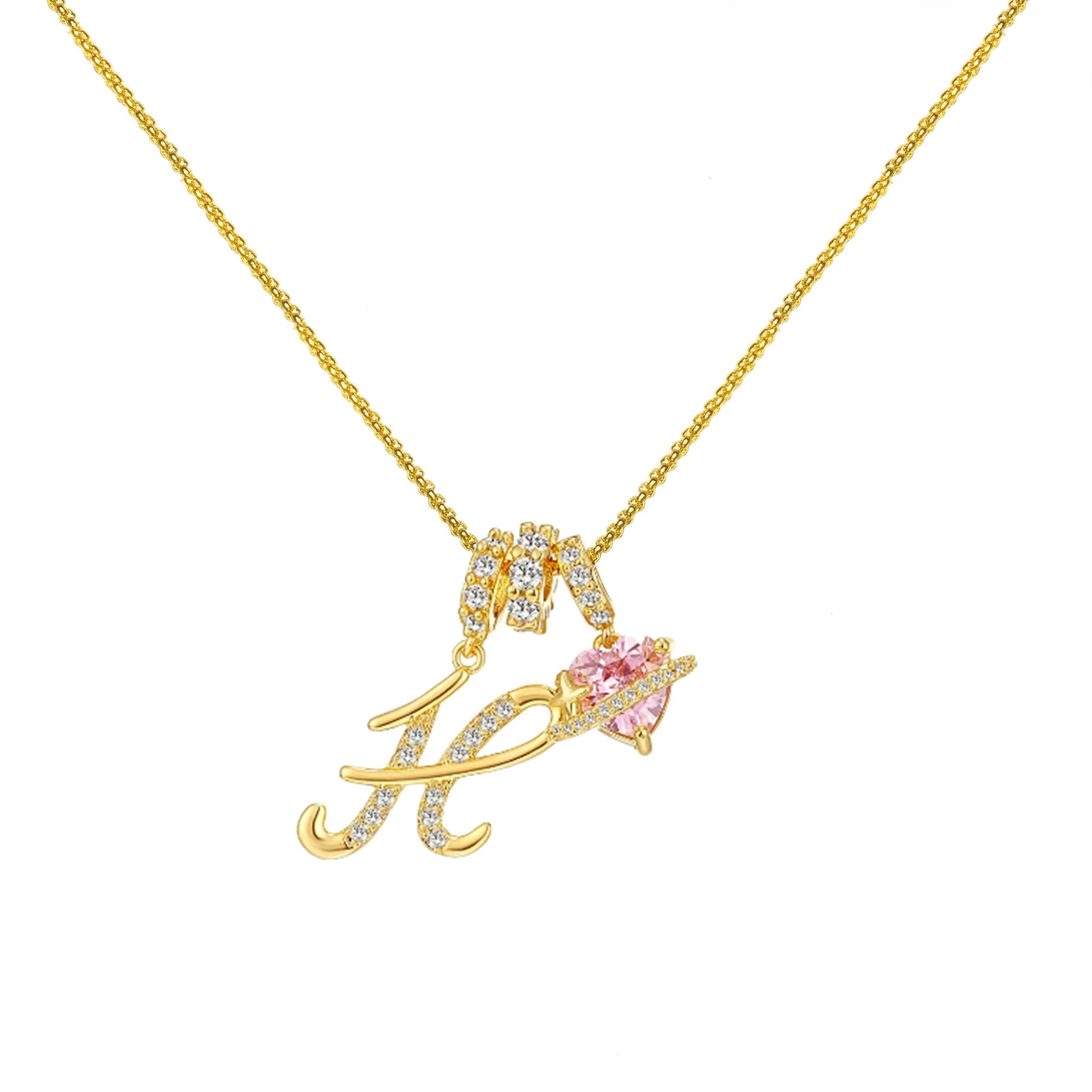 gold initial necklace pink heart pendant letter necklace dainty gold jewelry personalized gift everyday necklace sparkle charm 14k gold plated cute jewelry women necklace XL-074