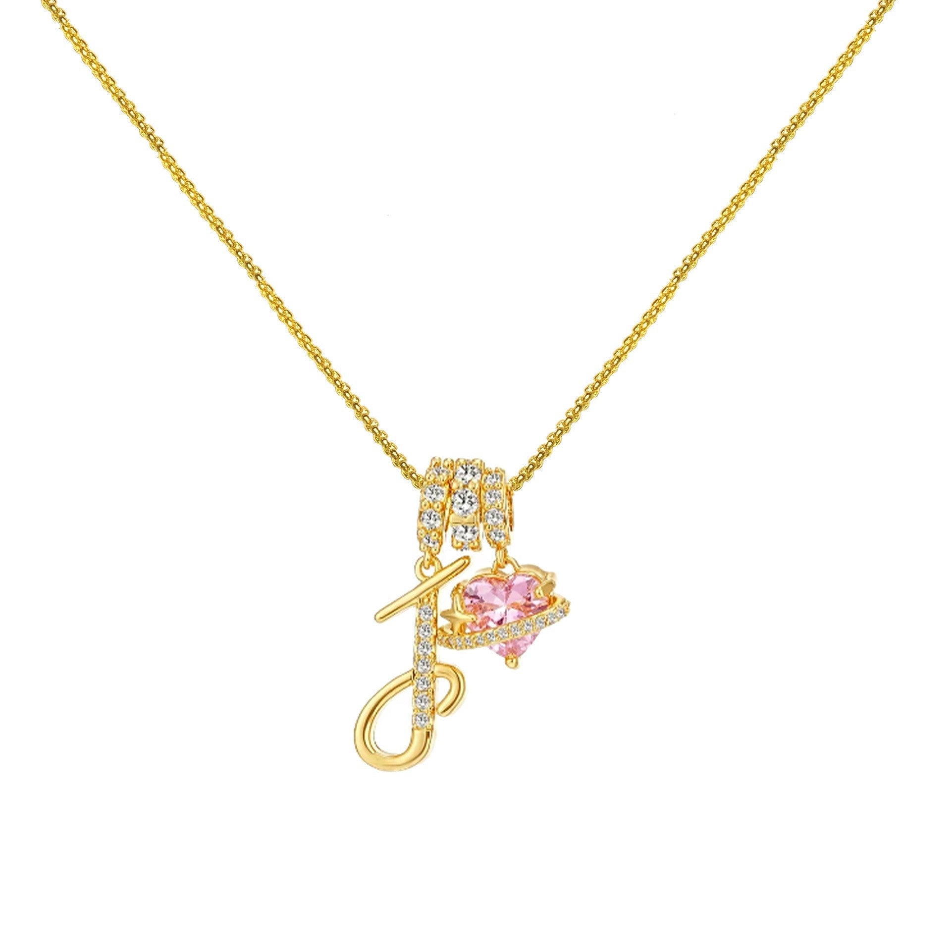 gold initial necklace pink heart pendant letter necklace dainty gold jewelry personalized gift everyday necklace sparkle charm 14k gold plated cute jewelry women necklace XL-074