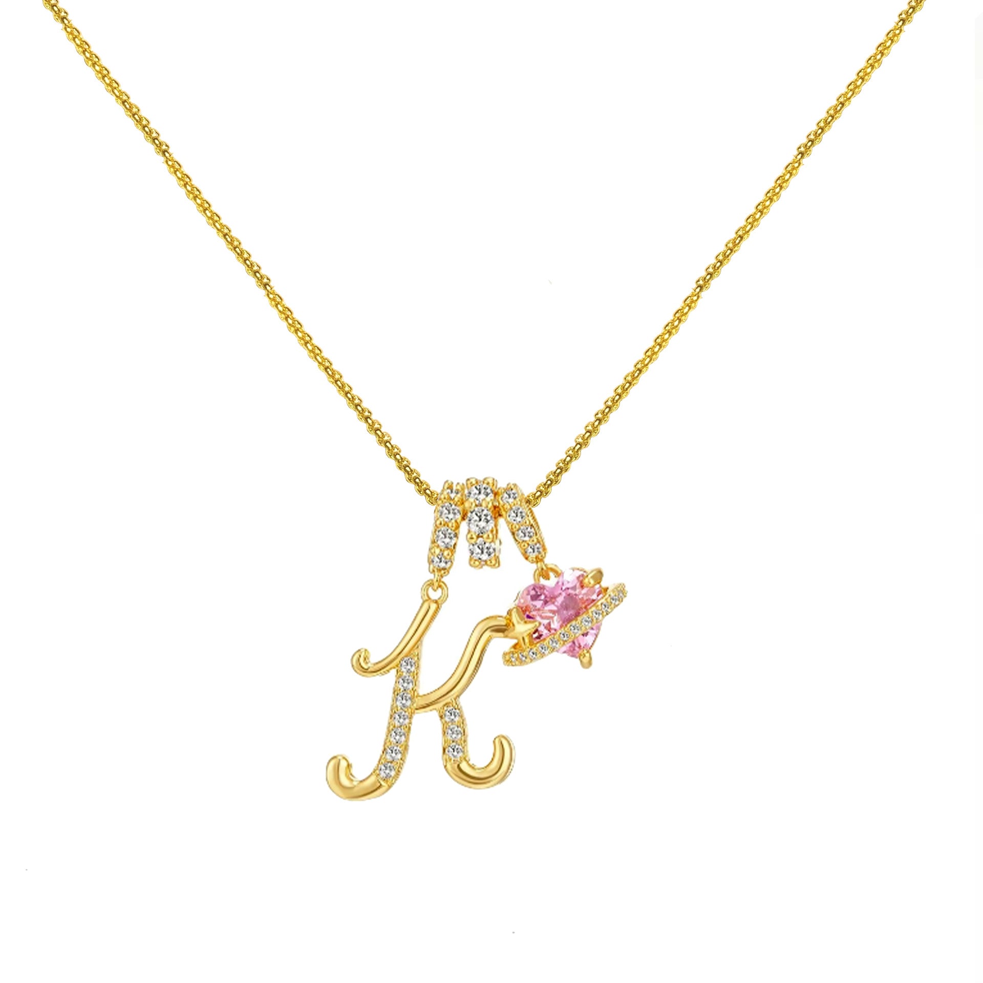 gold initial necklace pink heart pendant letter necklace dainty gold jewelry personalized gift everyday necklace sparkle charm 14k gold plated cute jewelry women necklace XL-074