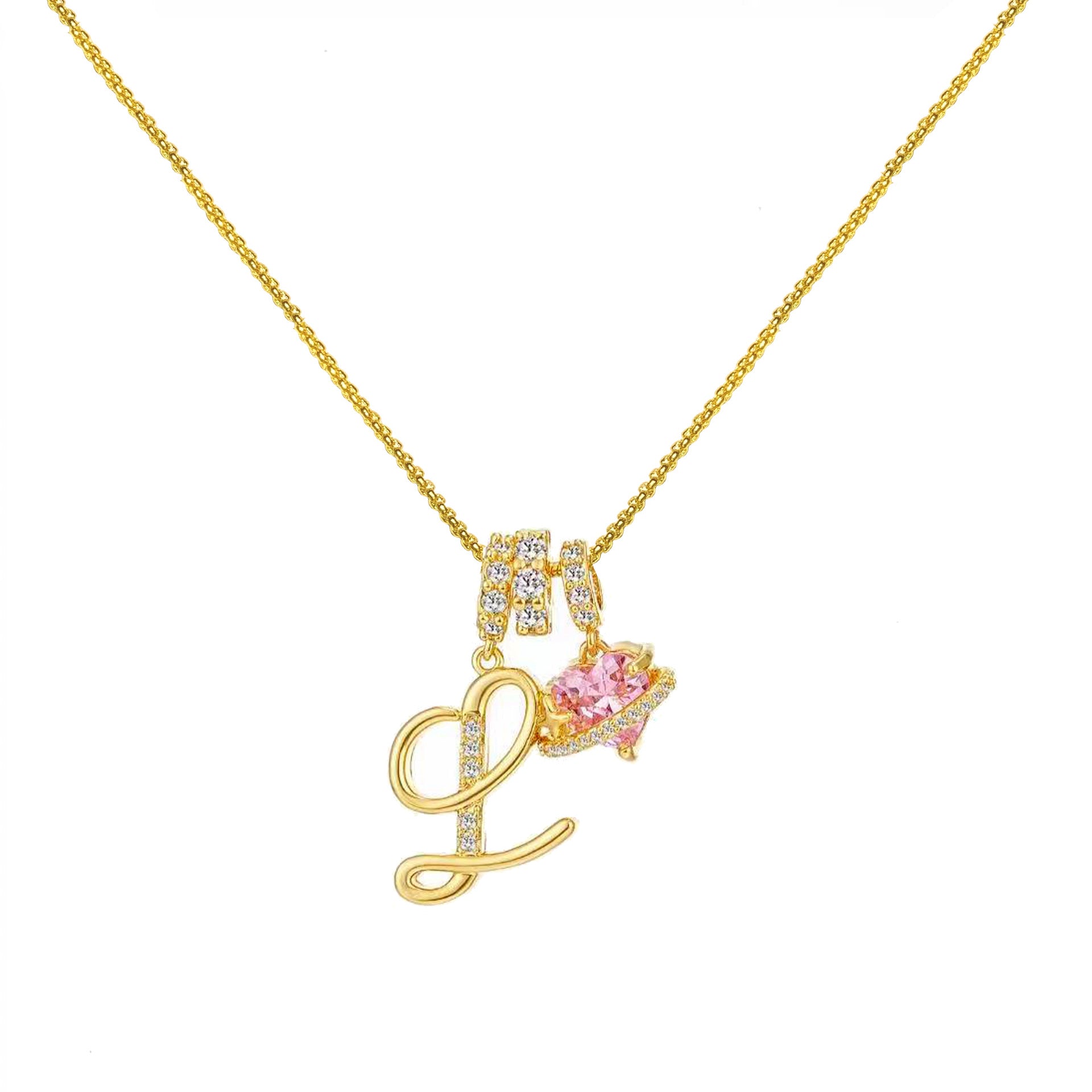 gold initial necklace pink heart pendant letter necklace dainty gold jewelry personalized gift everyday necklace sparkle charm 14k gold plated cute jewelry women necklace XL-074