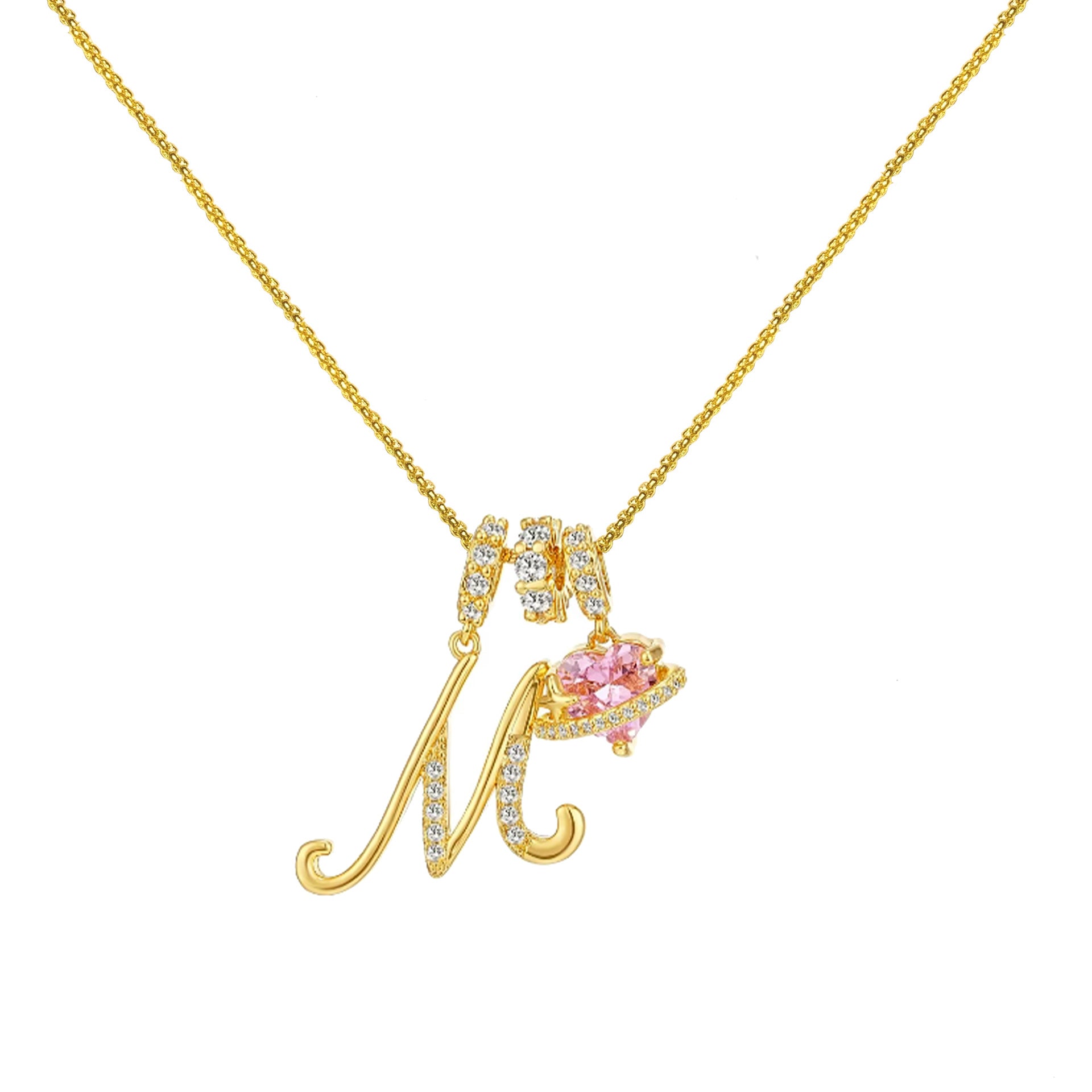 gold initial necklace pink heart pendant letter necklace dainty gold jewelry personalized gift everyday necklace sparkle charm 14k gold plated cute jewelry women necklace XL-074