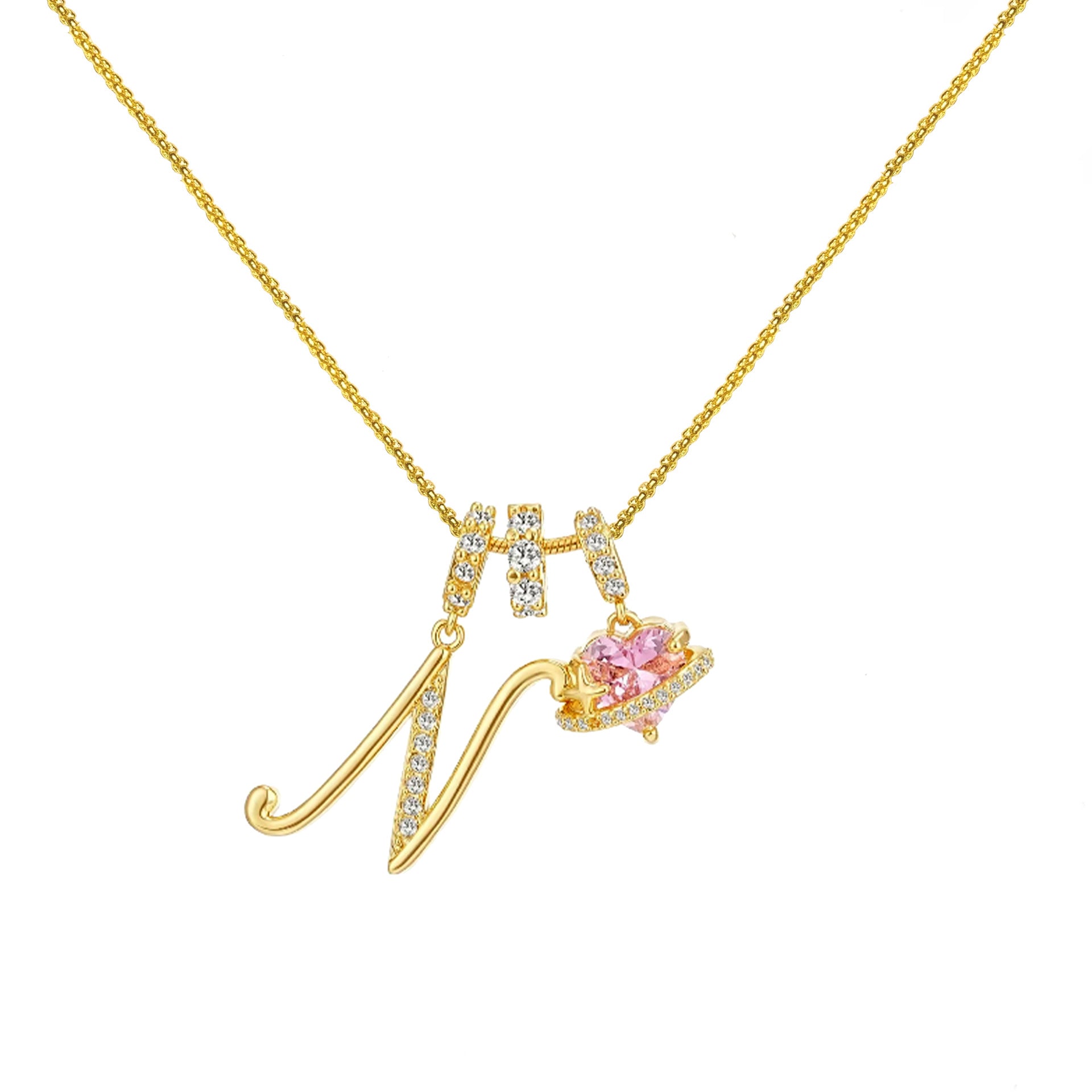 gold initial necklace pink heart pendant letter necklace dainty gold jewelry personalized gift everyday necklace sparkle charm 14k gold plated cute jewelry women necklace XL-074