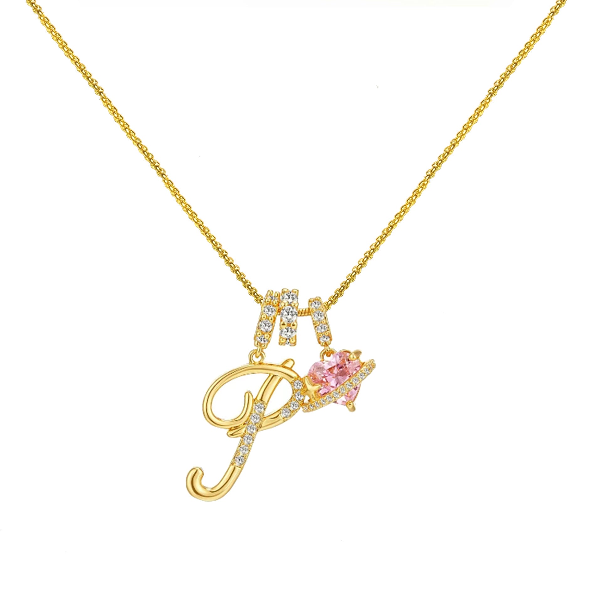gold initial necklace pink heart pendant letter necklace dainty gold jewelry personalized gift everyday necklace sparkle charm 14k gold plated cute jewelry women necklace XL-074