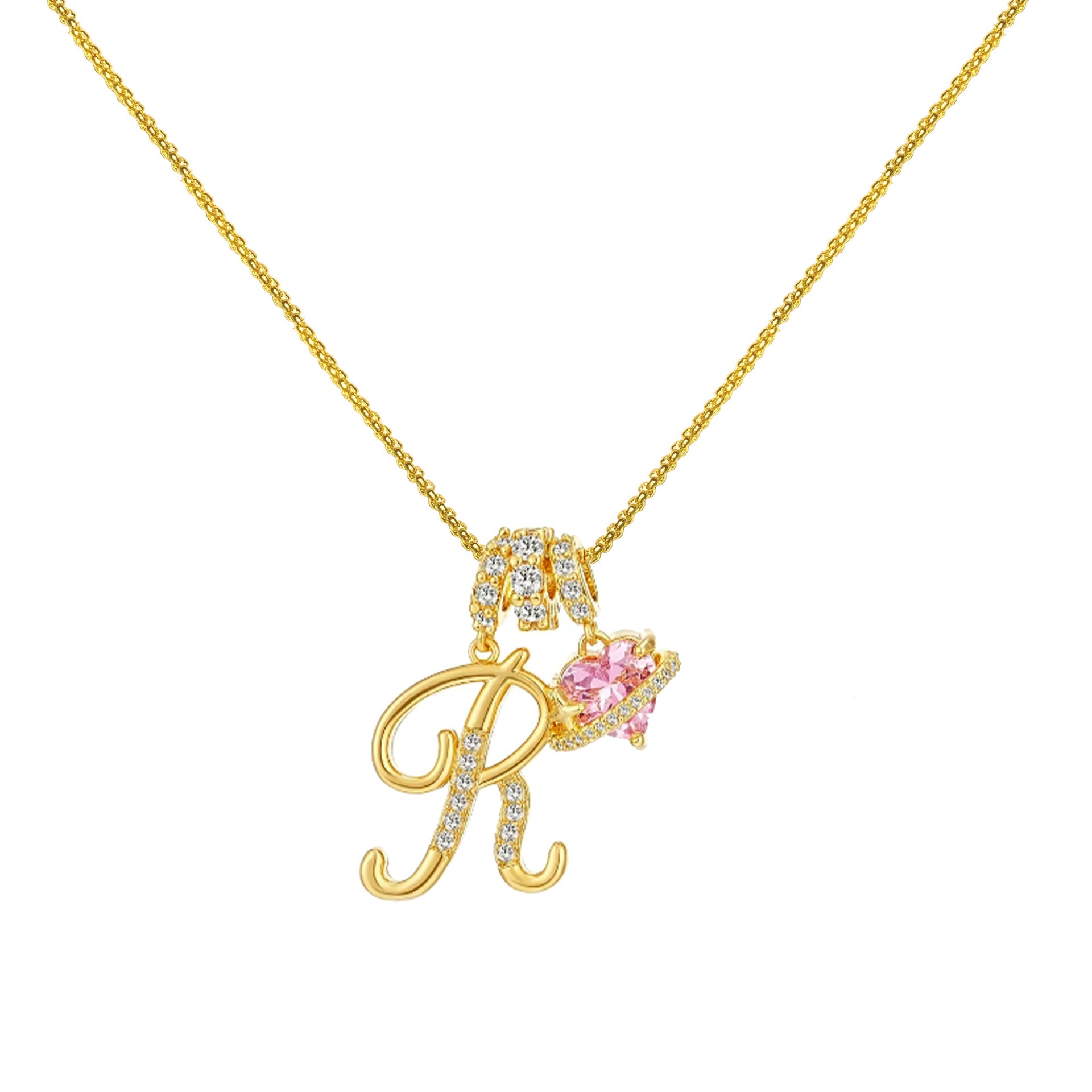 gold initial necklace pink heart pendant letter necklace dainty gold jewelry personalized gift everyday necklace sparkle charm 14k gold plated cute jewelry women necklace XL-074