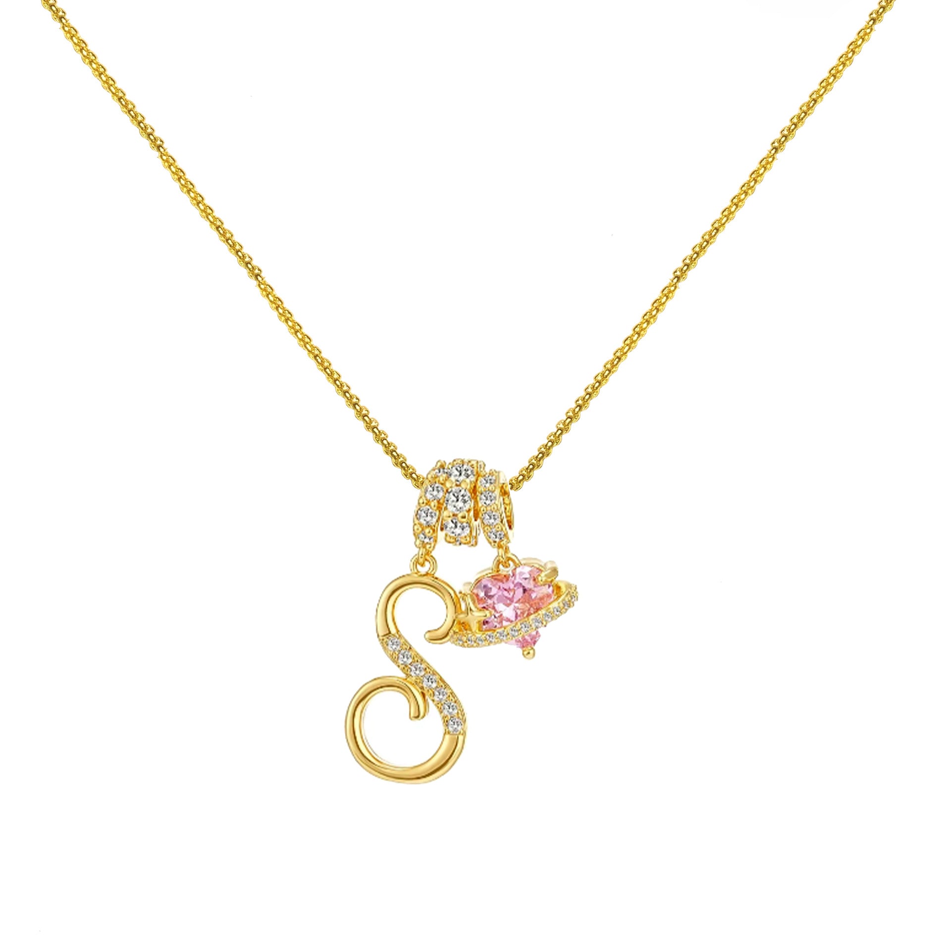 gold initial necklace pink heart pendant letter necklace dainty gold jewelry personalized gift everyday necklace sparkle charm 14k gold plated cute jewelry women necklace XL-074