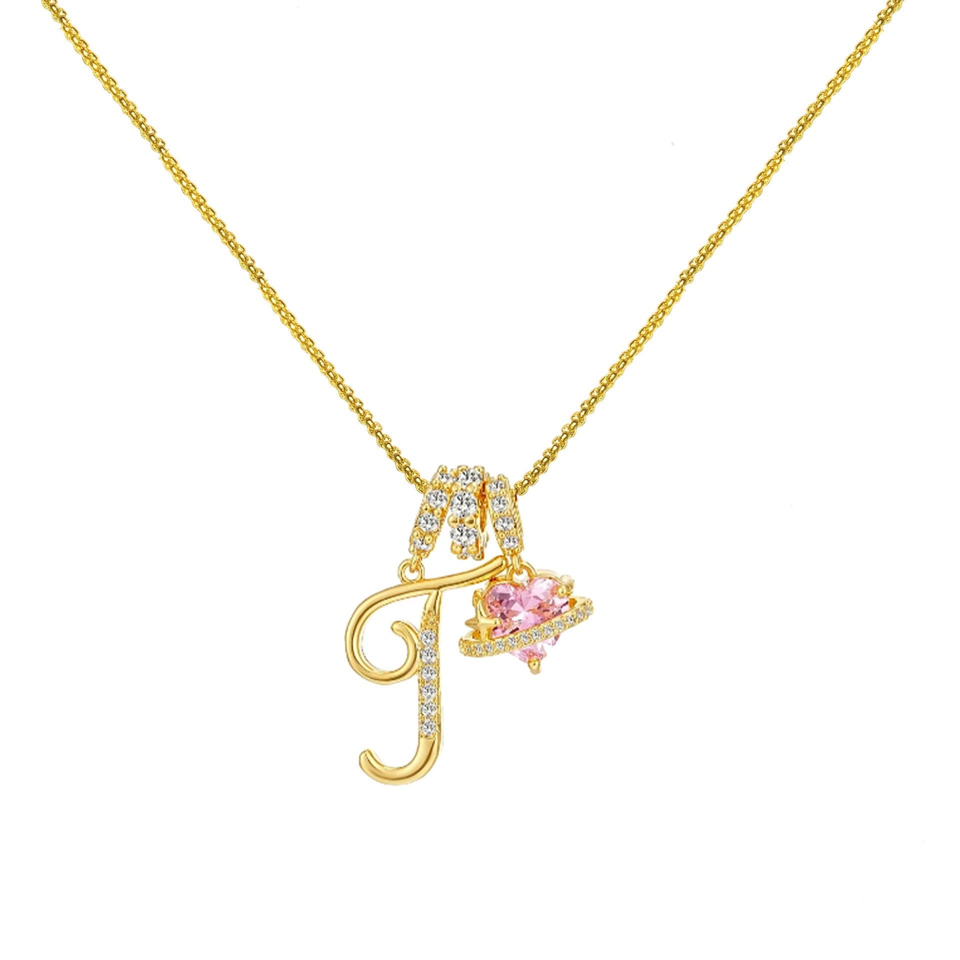 gold initial necklace pink heart pendant letter necklace dainty gold jewelry personalized gift everyday necklace sparkle charm 14k gold plated cute jewelry women necklace XL-074