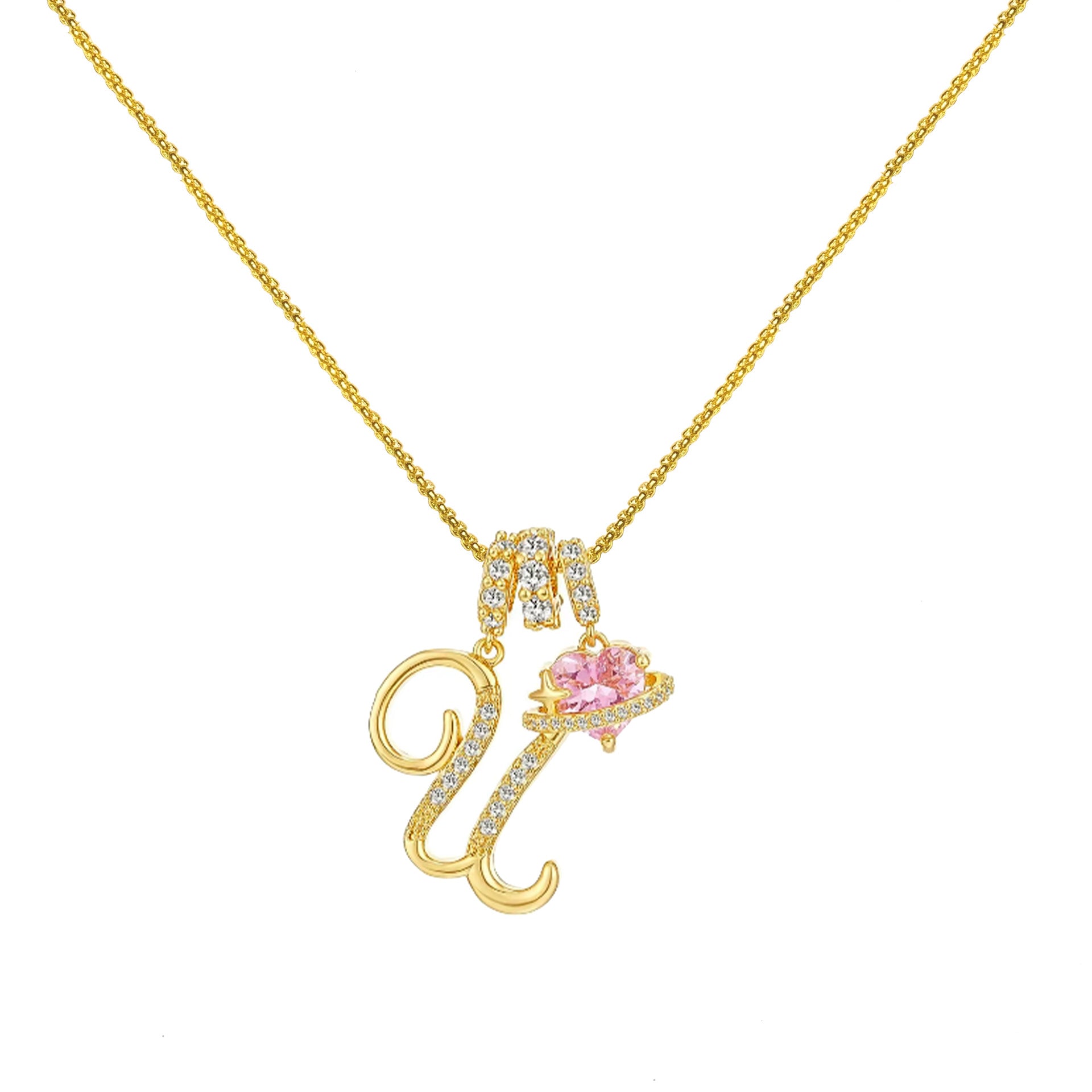gold initial necklace pink heart pendant letter necklace dainty gold jewelry personalized gift everyday necklace sparkle charm 14k gold plated cute jewelry women necklace XL-074