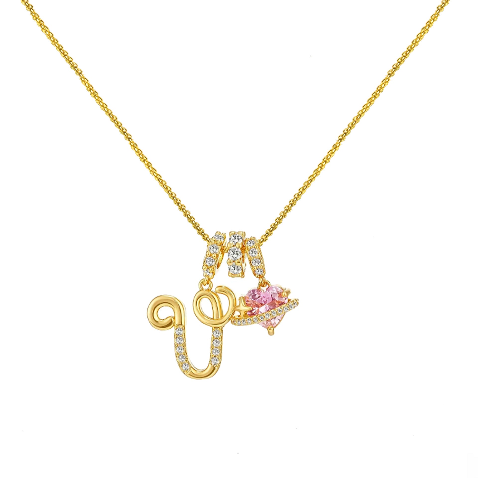 gold initial necklace pink heart pendant letter necklace dainty gold jewelry personalized gift everyday necklace sparkle charm 14k gold plated cute jewelry women necklace XL-074