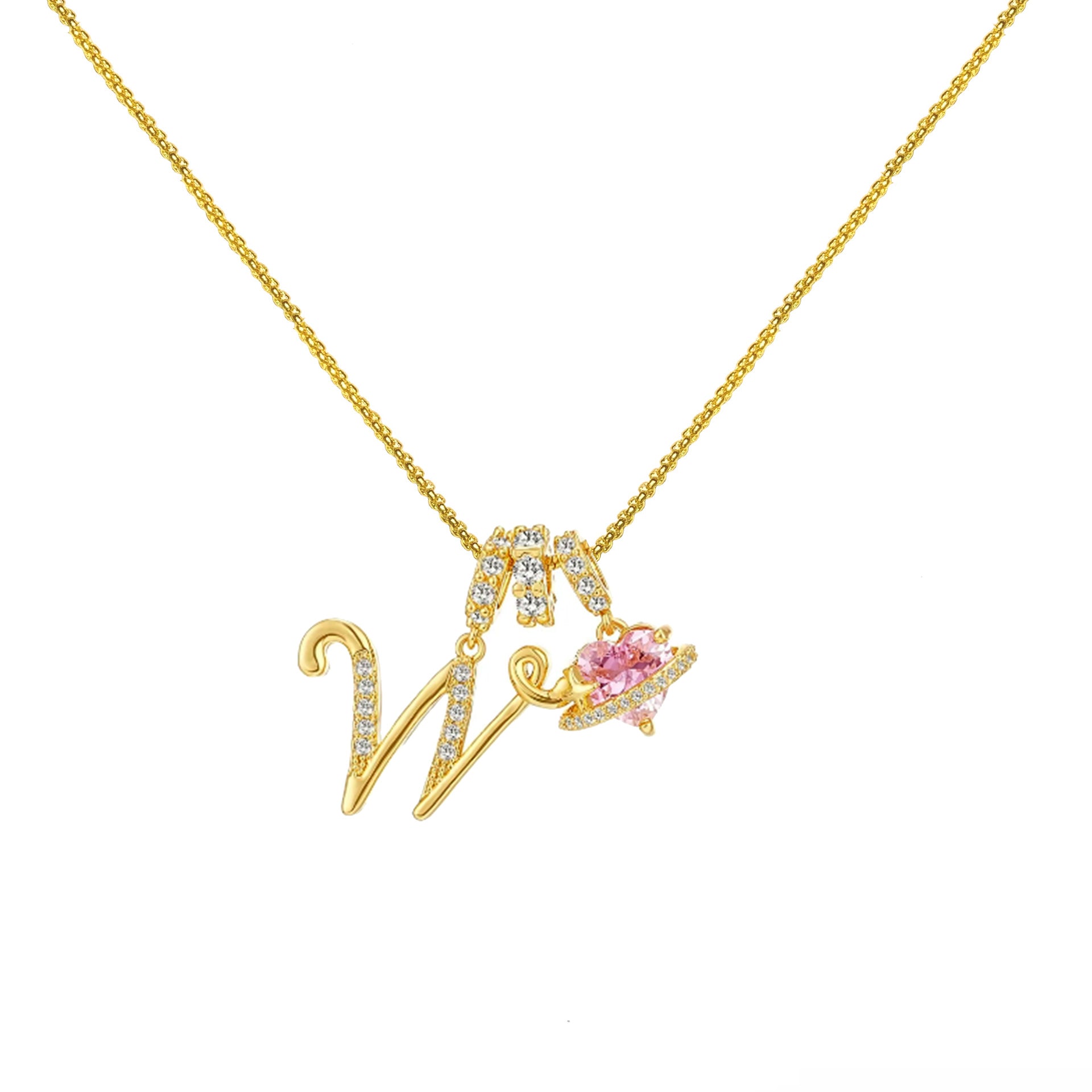 gold initial necklace pink heart pendant letter necklace dainty gold jewelry personalized gift everyday necklace sparkle charm 14k gold plated cute jewelry women necklace XL-074