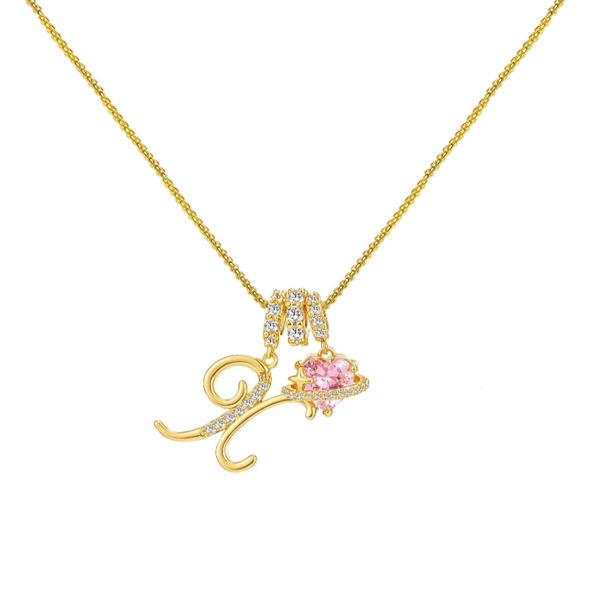gold initial necklace pink heart pendant letter necklace dainty gold jewelry personalized gift everyday necklace sparkle charm 14k gold plated cute jewelry women necklace XL-074