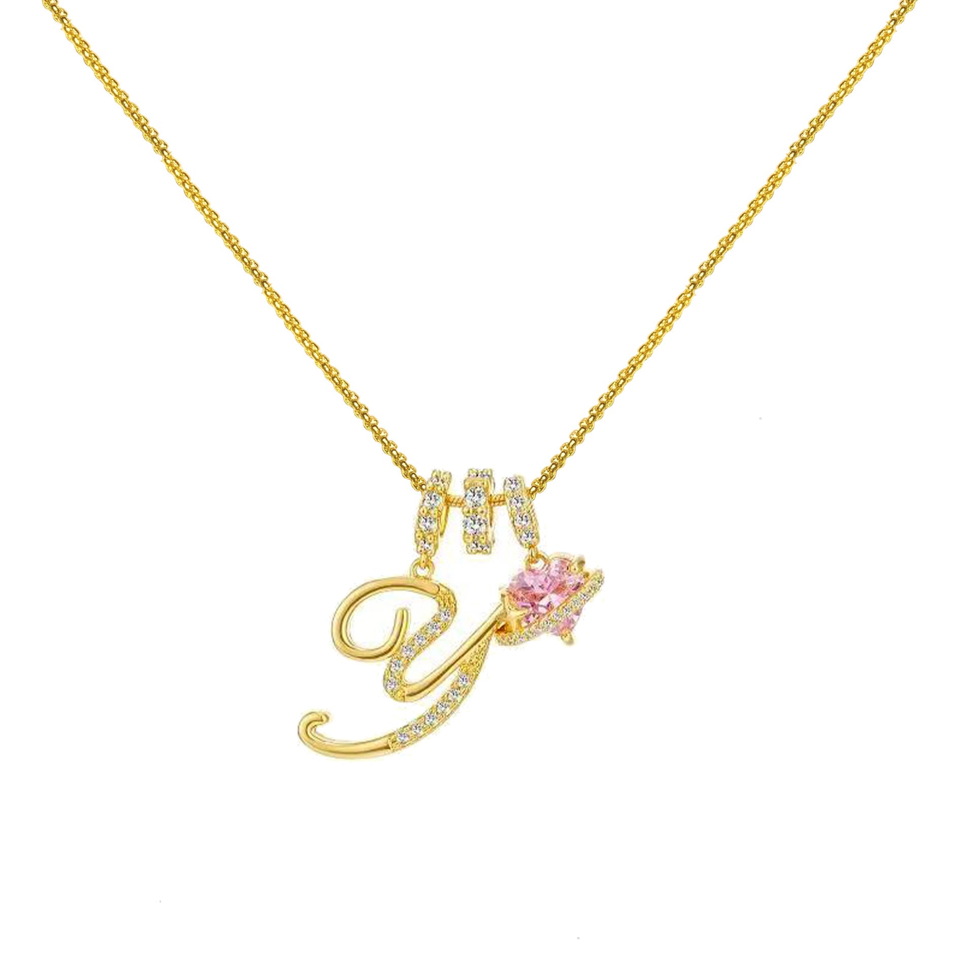 gold initial necklace pink heart pendant letter necklace dainty gold jewelry personalized gift everyday necklace sparkle charm 14k gold plated cute jewelry women necklace XL-074