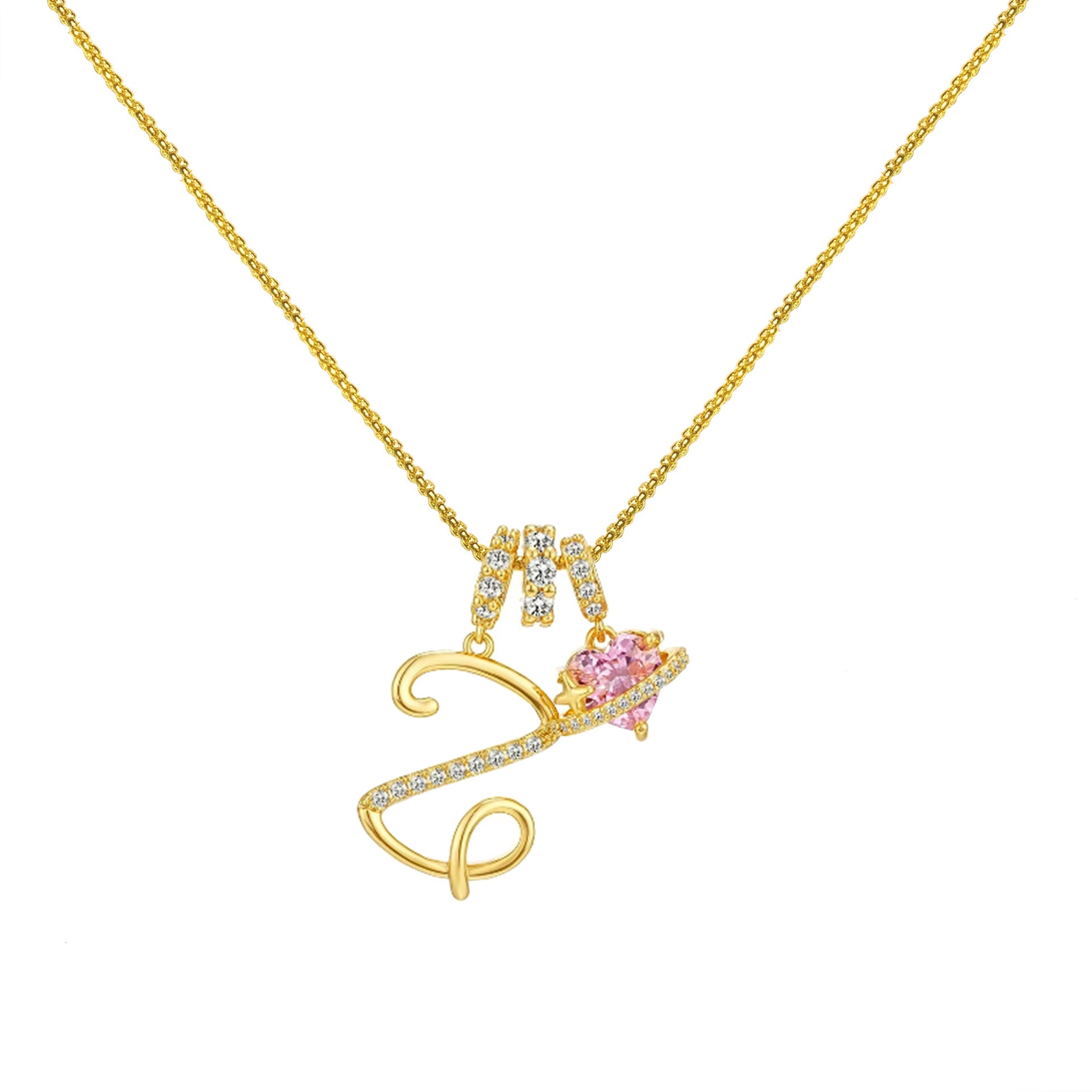 gold initial necklace pink heart pendant letter necklace dainty gold jewelry personalized gift everyday necklace sparkle charm 14k gold plated cute jewelry women necklace XL-074