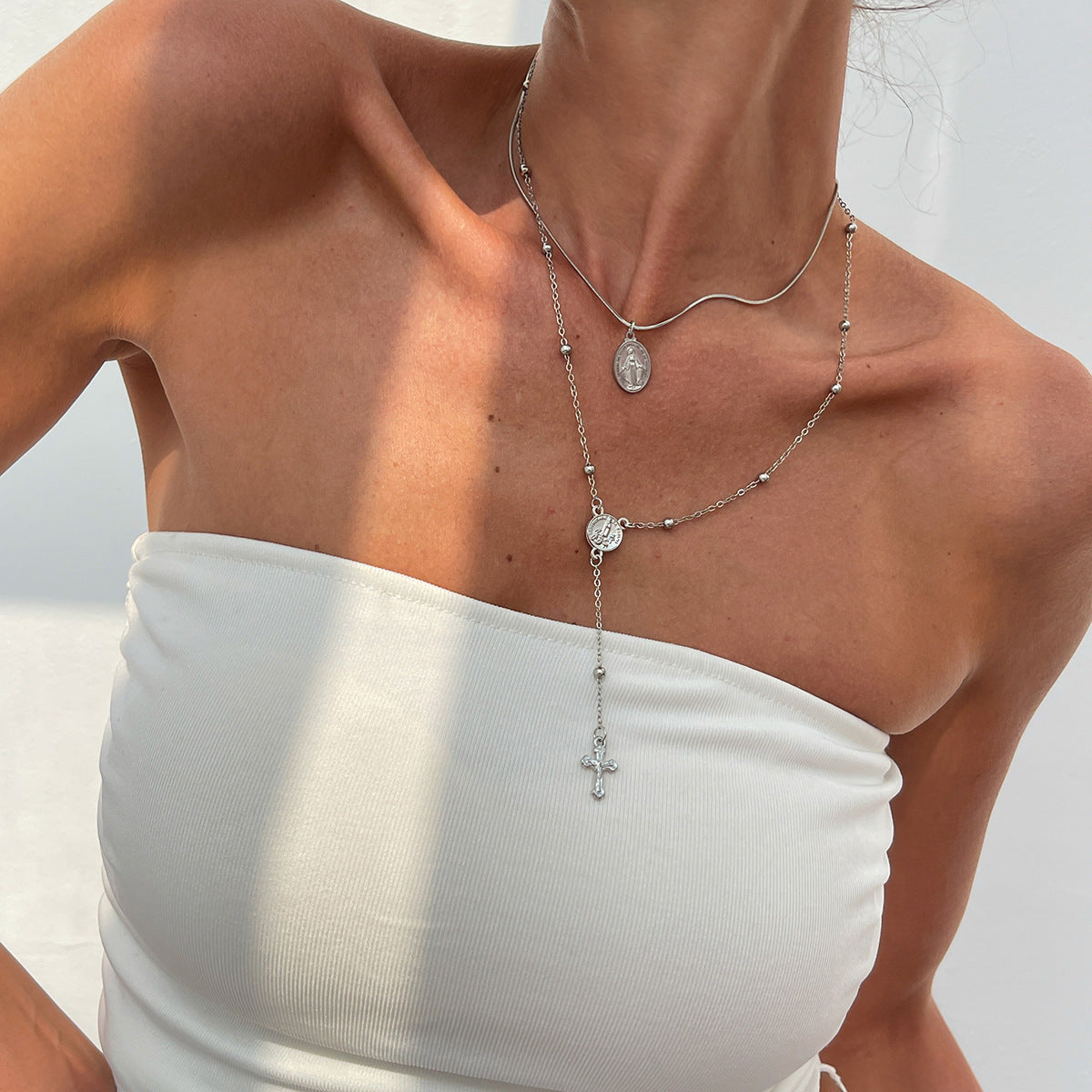 cross necklace, layered necklace, gold necklace, silver necklace, stainless steel jewelry, minimal jewelry, boho chic, everyday wear, beach style, statement chain XL-075