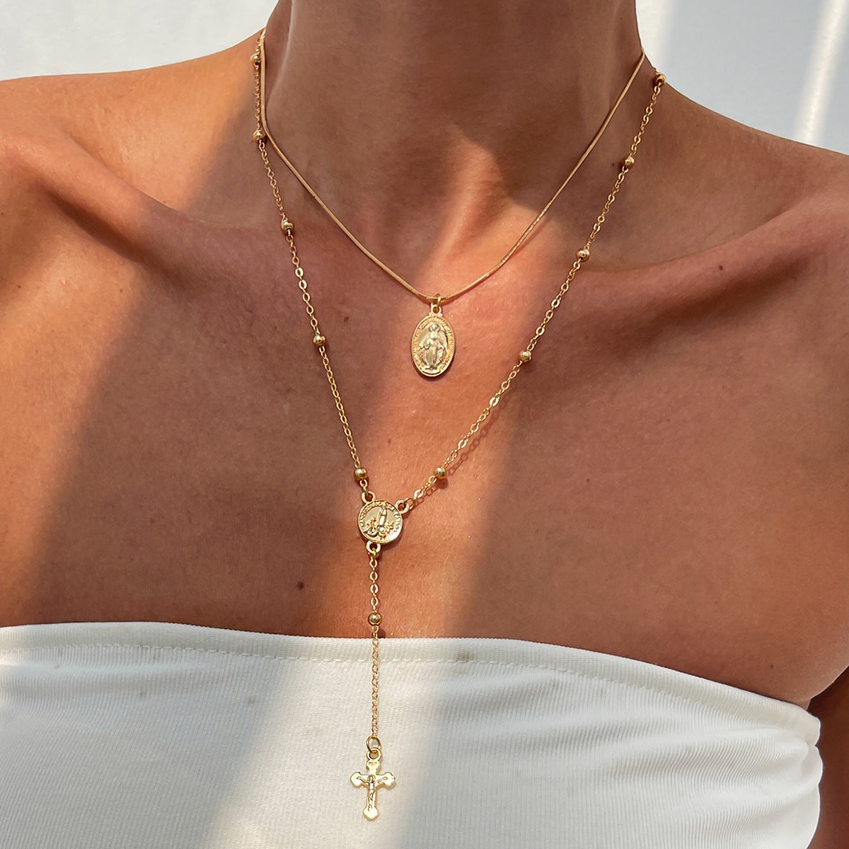 cross necklace, layered necklace, gold necklace, silver necklace, stainless steel jewelry, minimal jewelry, boho chic, everyday wear, beach style, statement chain XL-075