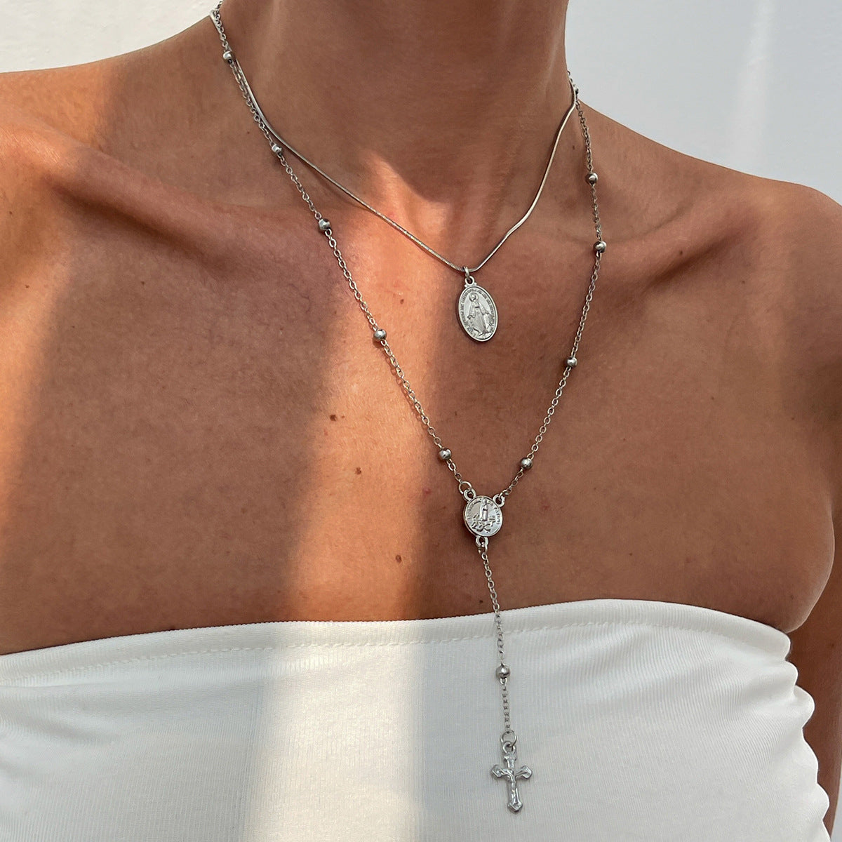 cross necklace, layered necklace, gold necklace, silver necklace, stainless steel jewelry, minimal jewelry, boho chic, everyday wear, beach style, statement chain XL-075