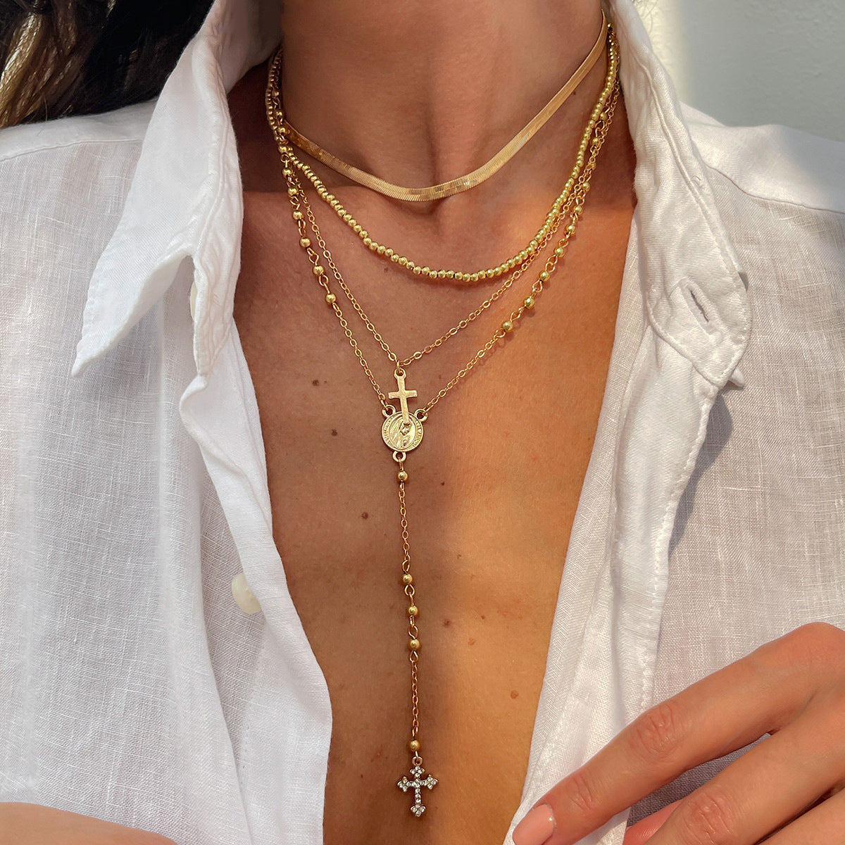cross necklace, layered necklace, gold necklace, silver necklace, stainless steel jewelry, minimal jewelry, boho chic, everyday wear, beach style, statement chain XL-075