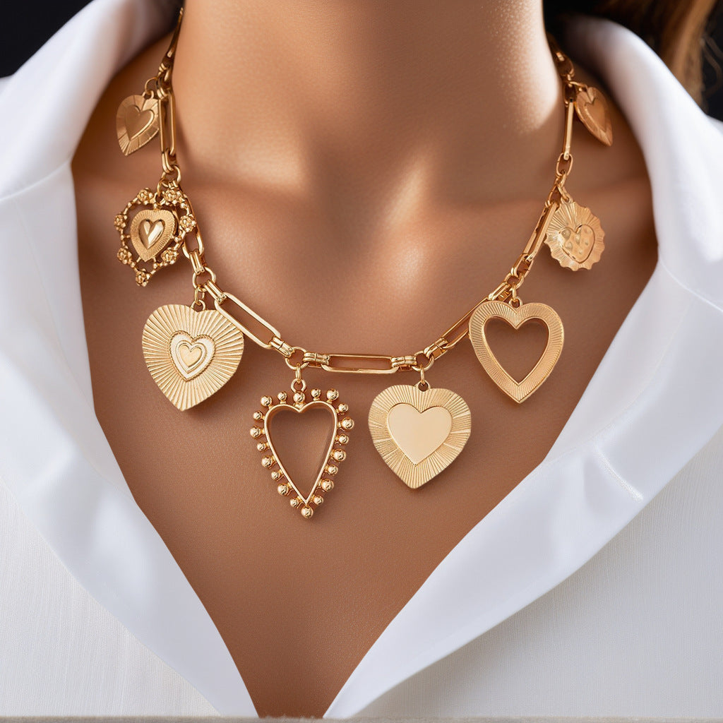 heart pendant necklace, chunky link chain, gold statement necklace, silver heart choker, layered jewelry, bold charm necklace, trendy accessories, everyday glam, romantic style, stainless steel necklace XL-077