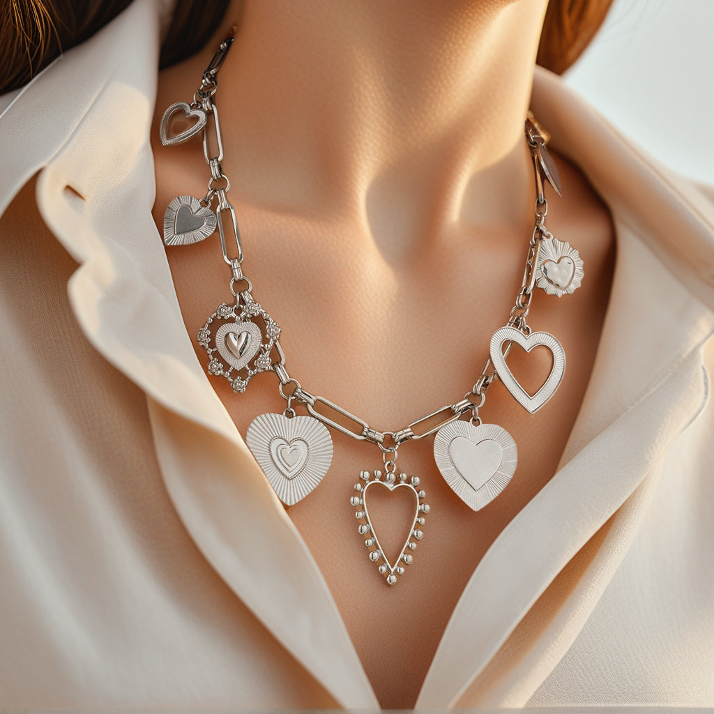 heart pendant necklace, chunky link chain, gold statement necklace, silver heart choker, layered jewelry, bold charm necklace, trendy accessories, everyday glam, romantic style, stainless steel necklace XL-077