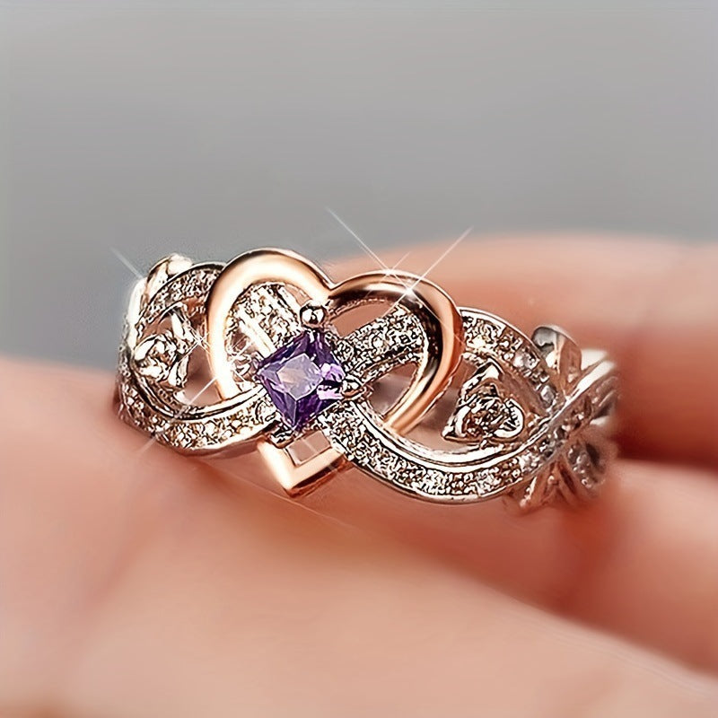 heart ring, infinity ring, amethyst ring, two tone jewelry, rose gold silver ring, romantic promise ring, elegant fashion jewelry, crystal engagement ring, love symbol ring, dainty statement ring JZ-084