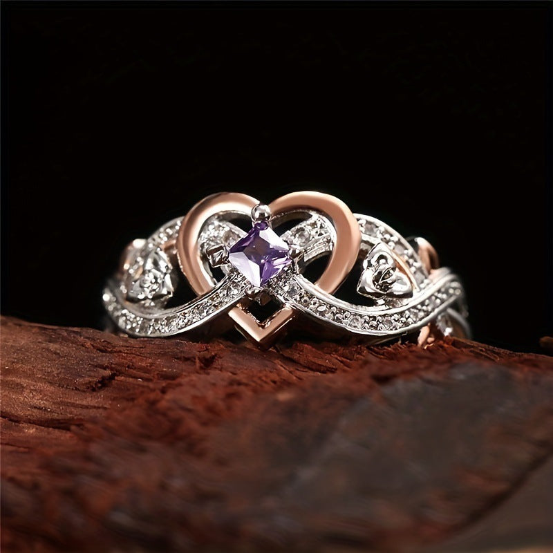 heart ring, infinity ring, amethyst ring, two tone jewelry, rose gold silver ring, romantic promise ring, elegant fashion jewelry, crystal engagement ring, love symbol ring, dainty statement ring JZ-084