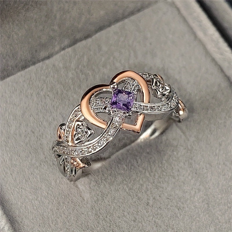 heart ring, infinity ring, amethyst ring, two tone jewelry, rose gold silver ring, romantic promise ring, elegant fashion jewelry, crystal engagement ring, love symbol ring, dainty statement ring JZ-084