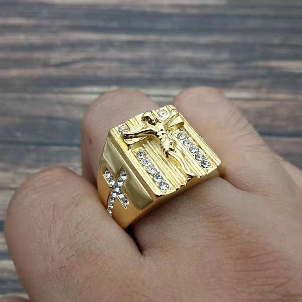 crucifix ring, cross jewelry, gold statement ring, iced out ring, faith jewelry, religious ring, stainless steel ring, bold men’s fashion, spiritual jewelry, hip hop style ring JZ-086