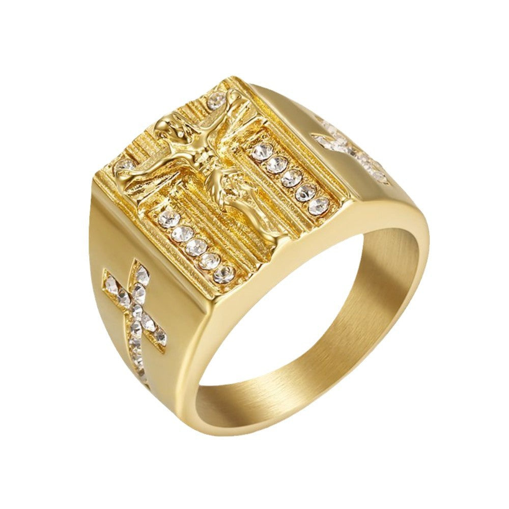 crucifix ring, cross jewelry, gold statement ring, iced out ring, faith jewelry, religious ring, stainless steel ring, bold men’s fashion, spiritual jewelry, hip hop style ring JZ-086