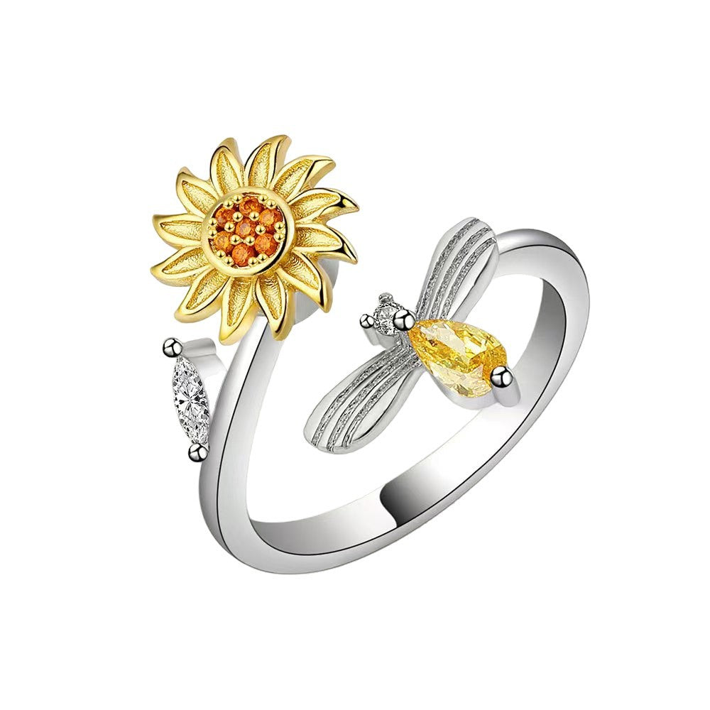 sunflower ring, bee ring, nature jewelry, open adjustable ring, sterling silver ring, gold flower ring, cute animal ring, everyday accessory, garden inspired jewelry, playful design JZ-089