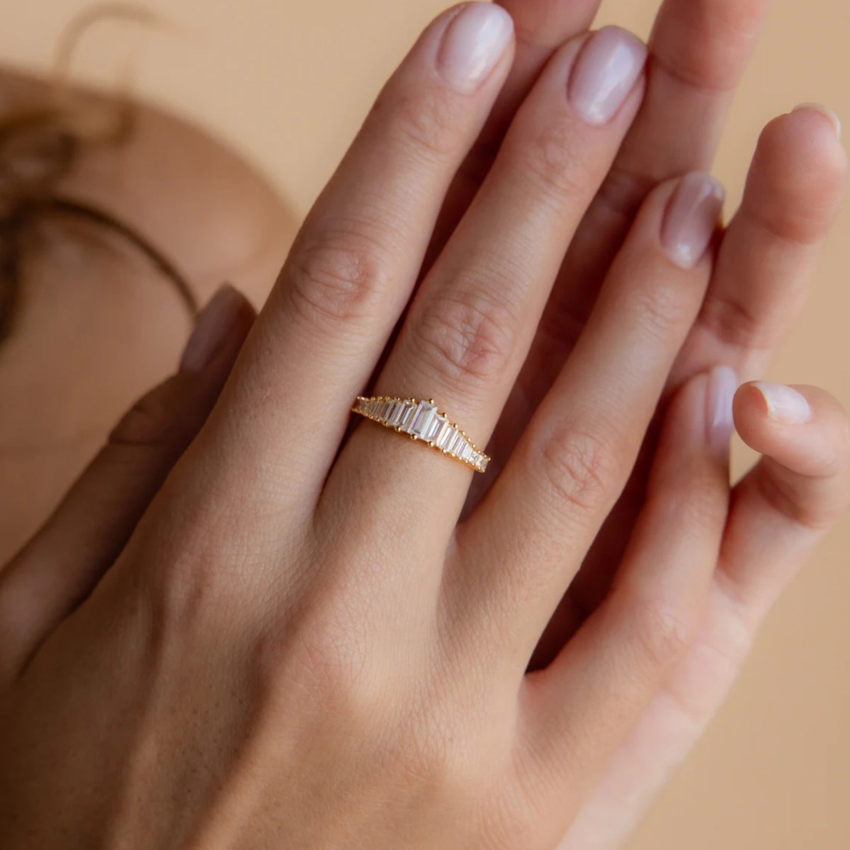 gold baguette ring, minimalist band ring, geometric crystal ring, stacking ring, everyday jewelry, elegant gold ring, baguette cut CZ ring, dainty fashion ring, modern fine jewelry, timeless sparkle JZ-090