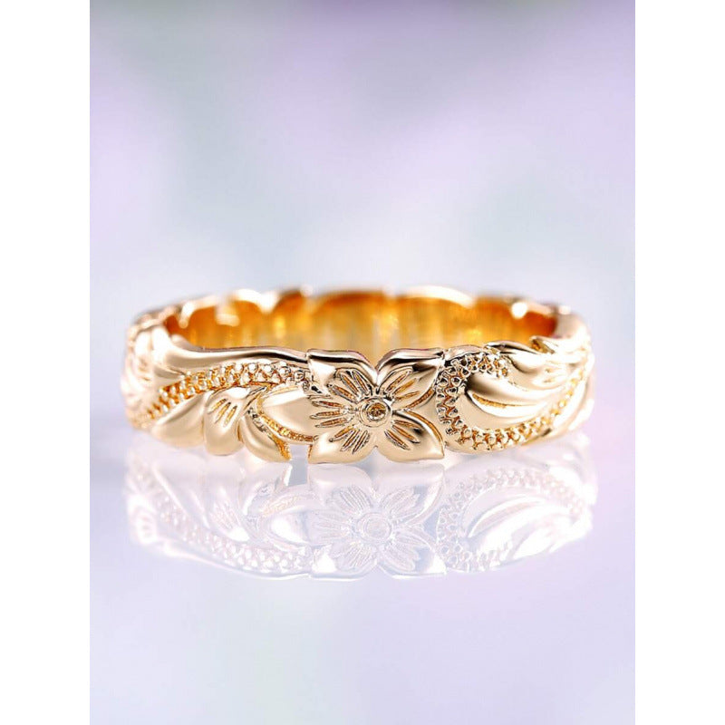 floral ring, vintage band ring, engraved gold ring, romantic jewelry, boho chic ring, flower pattern ring, timeless design, everyday accessory, retro fashion jewelry, stainless steel band JZ-091