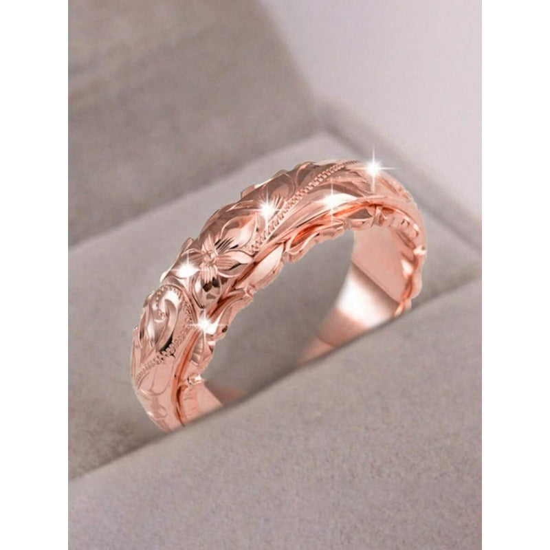 floral ring, vintage band ring, engraved gold ring, romantic jewelry, boho chic ring, flower pattern ring, timeless design, everyday accessory, retro fashion jewelry, stainless steel band JZ-091