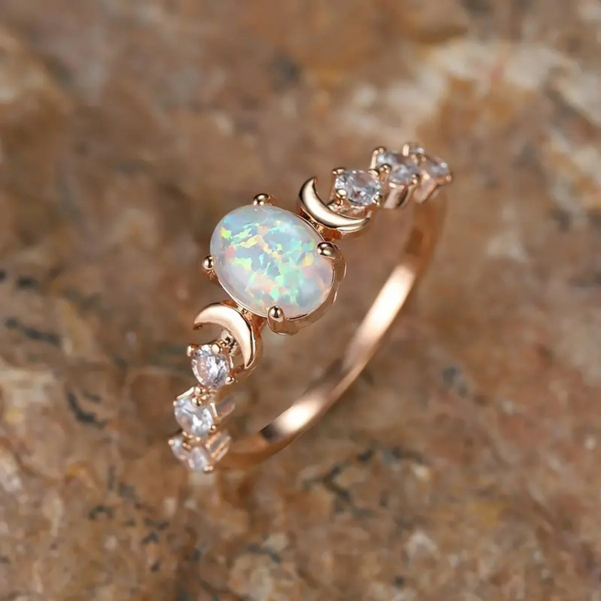 opal ring, moonstone ring, celestial jewelry, dainty crystal ring, rose gold ring, moon phase ring, minimalist ring, everyday jewelry, romantic gift, boho chic ring JZ-092