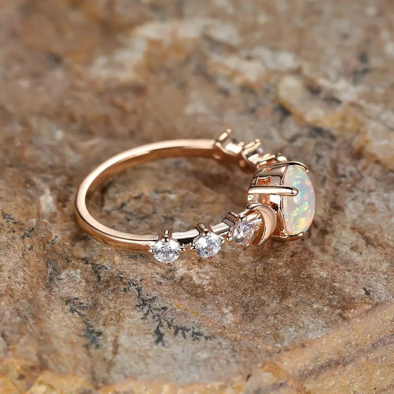 opal ring, moonstone ring, celestial jewelry, dainty crystal ring, rose gold ring, moon phase ring, minimalist ring, everyday jewelry, romantic gift, boho chic ring JZ-092
