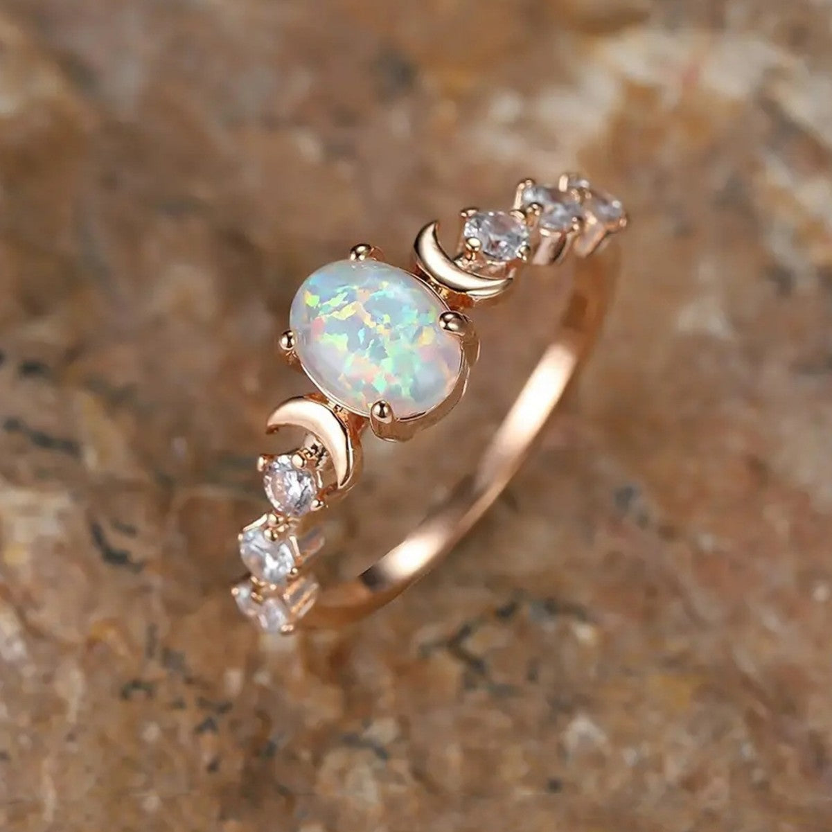 opal ring, moonstone ring, celestial jewelry, dainty crystal ring, rose gold ring, moon phase ring, minimalist ring, everyday jewelry, romantic gift, boho chic ring JZ-092