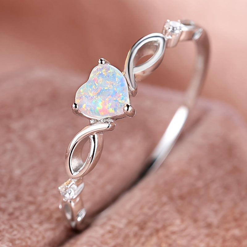 heart opal ring, dainty promise ring, romantic jewelry, minimalist crystal ring, rose gold ring, silver heart ring, opal gemstone ring, elegant love ring, gift for her, everyday statement ring JZ-094