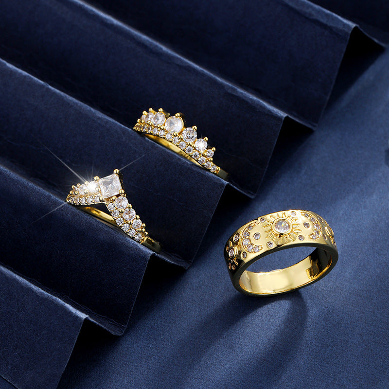 sun moon star ring set, celestial jewelry, gold crown ring, layered stacking rings, statement ring set, zodiac inspired jewelry, crystal gold ring, boho chic ring, cosmic sun moon ring, luxury goddess ring JZ-097