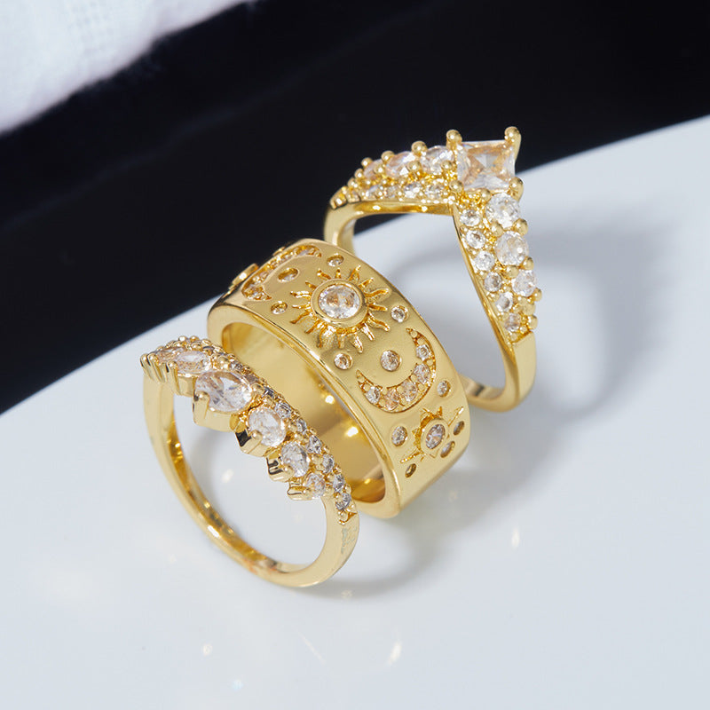 sun moon star ring set, celestial jewelry, gold crown ring, layered stacking rings, statement ring set, zodiac inspired jewelry, crystal gold ring, boho chic ring, cosmic sun moon ring, luxury goddess ring JZ-097