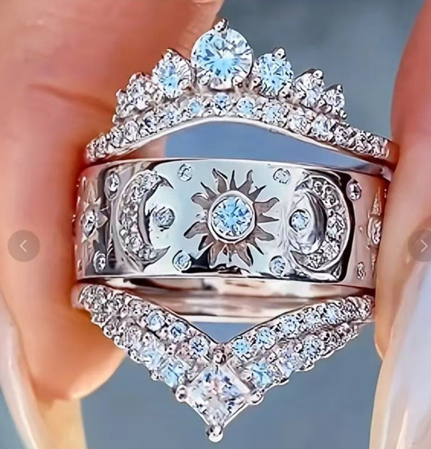 sun moon star ring set, celestial jewelry, gold crown ring, layered stacking rings, statement ring set, zodiac inspired jewelry, crystal gold ring, boho chic ring, cosmic sun moon ring, luxury goddess ring JZ-097