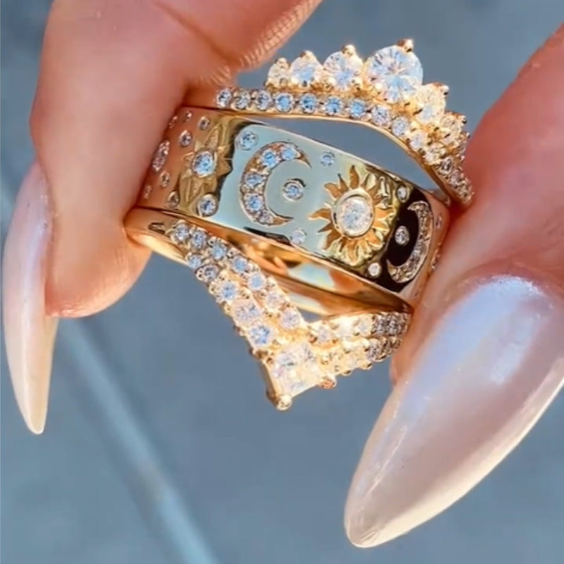 sun moon star ring set, celestial jewelry, gold crown ring, layered stacking rings, statement ring set, zodiac inspired jewelry, crystal gold ring, boho chic ring, cosmic sun moon ring, luxury goddess ring JZ-097