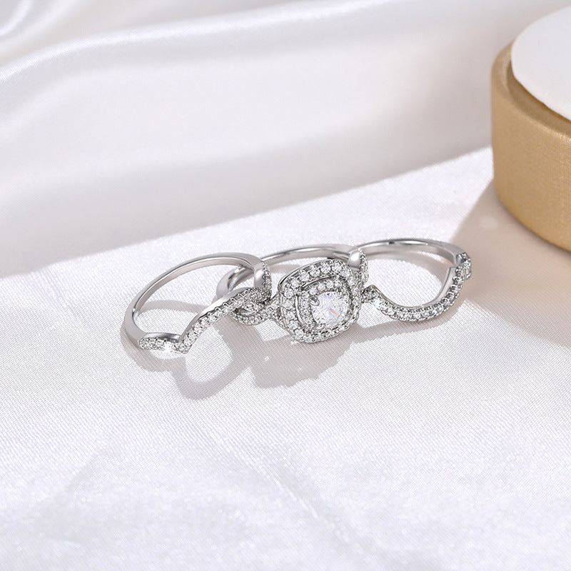 halo engagement ring, crystal wedding ring set, luxury bridal ring, statement cubic zirconia ring, silver diamond ring, elegant engagement jewelry, double band ring, sparkling anniversary ring, layered bridal ring, timeless glamour jewelry JZ-098