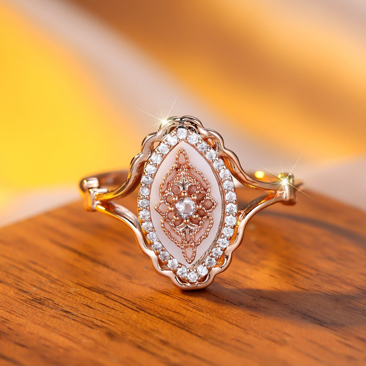 vintage oval ring, rose gold ring, mother of pearl jewelry, art deco statement ring, crystal halo ring, dainty cocktail ring, elegant evening jewelry, antique inspired ring, romantic gold ring, boho chic jewelry JZ-099