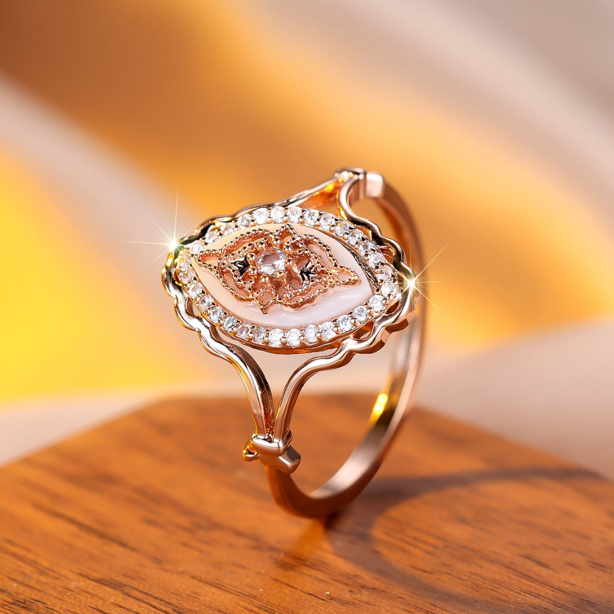 vintage oval ring, rose gold ring, mother of pearl jewelry, art deco statement ring, crystal halo ring, dainty cocktail ring, elegant evening jewelry, antique inspired ring, romantic gold ring, boho chic jewelry JZ-099