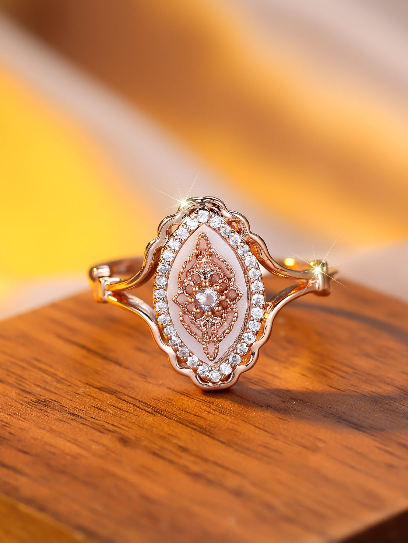 vintage oval ring, rose gold ring, mother of pearl jewelry, art deco statement ring, crystal halo ring, dainty cocktail ring, elegant evening jewelry, antique inspired ring, romantic gold ring, boho chic jewelry JZ-099
