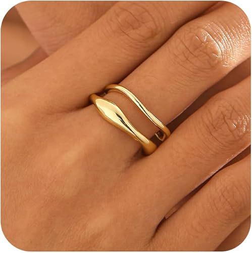 minimalist gold ring, wavy band ring, stackable open ring, modern chic jewelry, everyday gold ring, dainty statement ring, polished stainless steel ring, elegant adjustable ring, contemporary fashion ring, simple gold jewelry JZ-100
