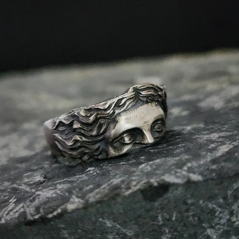 vintage face ring, antique silver ring, Greek mythology jewelry, statement art ring, sculptural ring, oxidized silver band, unisex gothic ring, artistic handmade ring, baroque-inspired jewelry, edgy fashion ring JZ-102