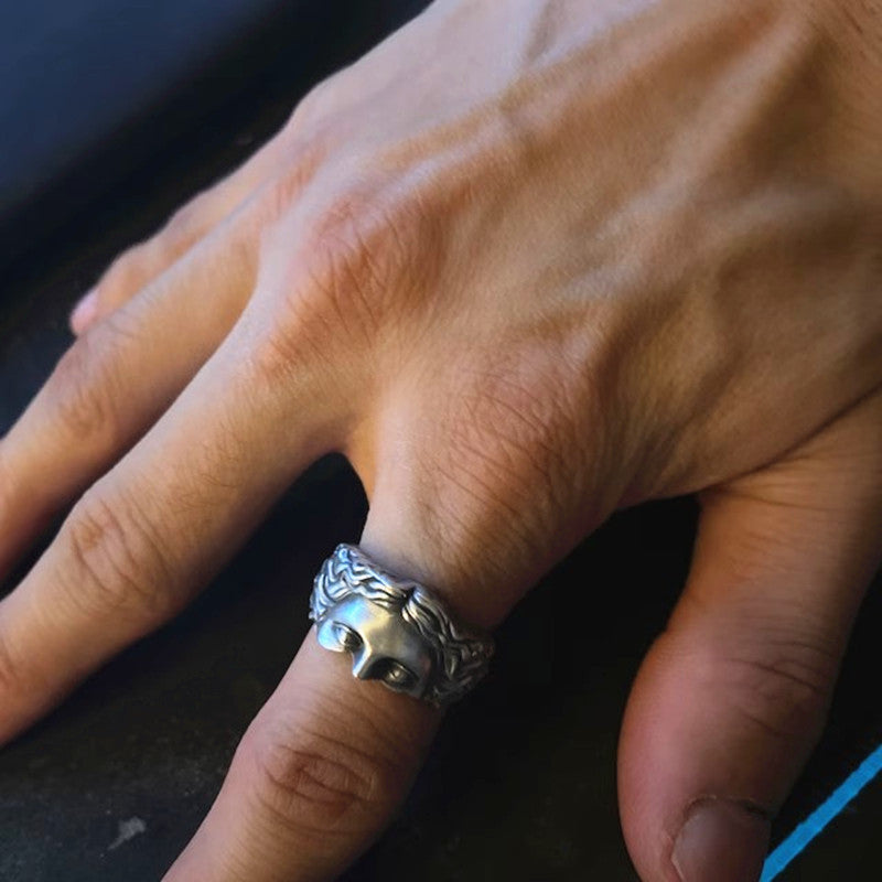 vintage face ring, antique silver ring, Greek mythology jewelry, statement art ring, sculptural ring, oxidized silver band, unisex gothic ring, artistic handmade ring, baroque-inspired jewelry, edgy fashion ring JZ-102