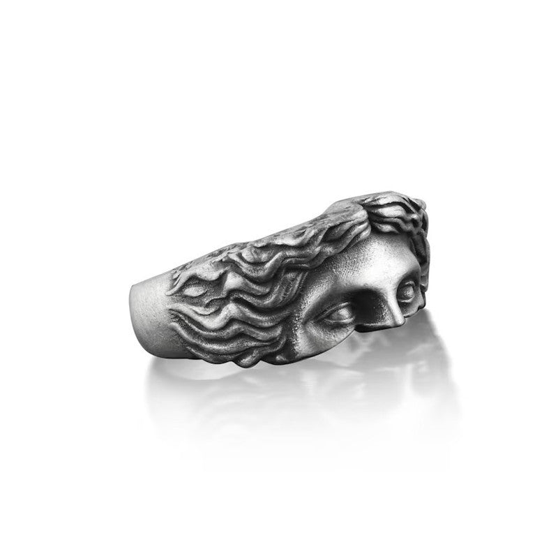 vintage face ring, antique silver ring, Greek mythology jewelry, statement art ring, sculptural ring, oxidized silver band, unisex gothic ring, artistic handmade ring, baroque-inspired jewelry, edgy fashion ring JZ-102